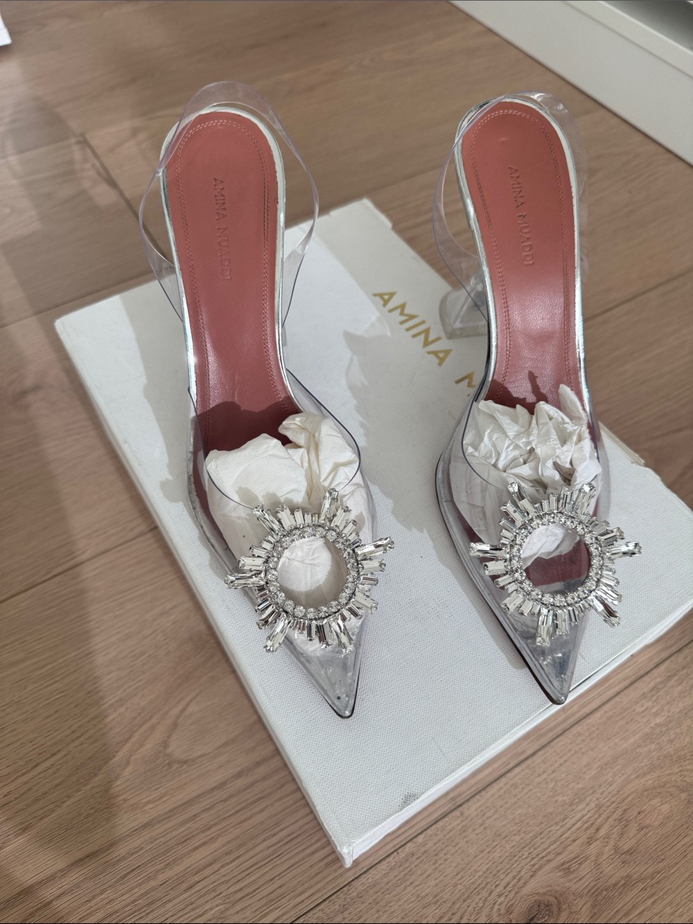 Clear Crystal Pointed Mule in Silver